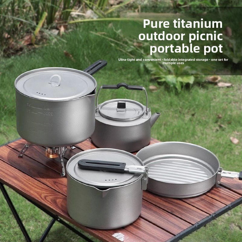 Camping Cooking Set With Kettle - Juego de ollas de titanio puro,